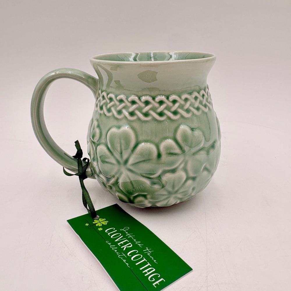 Sheffield Home Clover Cottage Mug Green Embossed Shamrock Celtic Knot Ceramic
